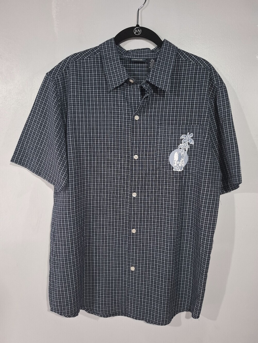 Cherokee Navy White Check Short-Sleeve Boy Graphic Button-Down Shirt Sz 14-16